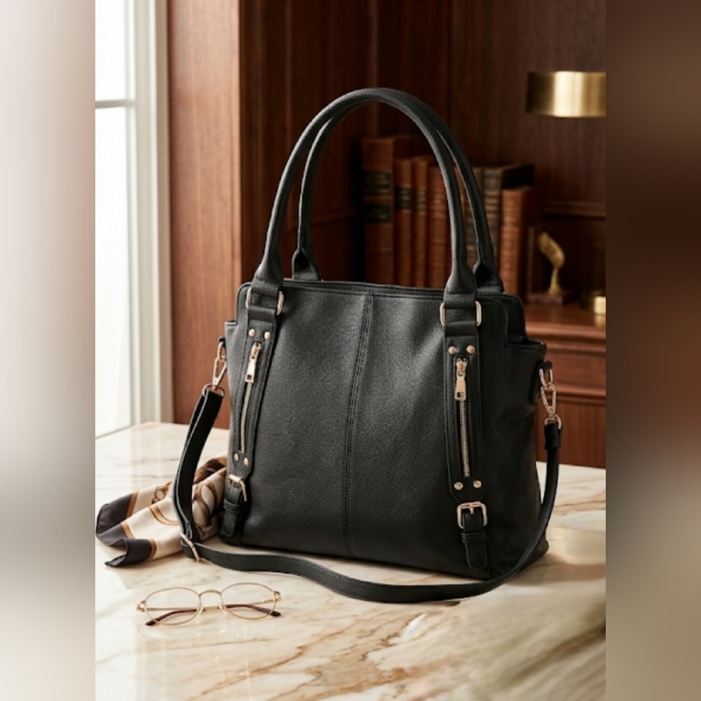 Kathy Ireland Black Leather Tote Bag Gold Accents Like New​